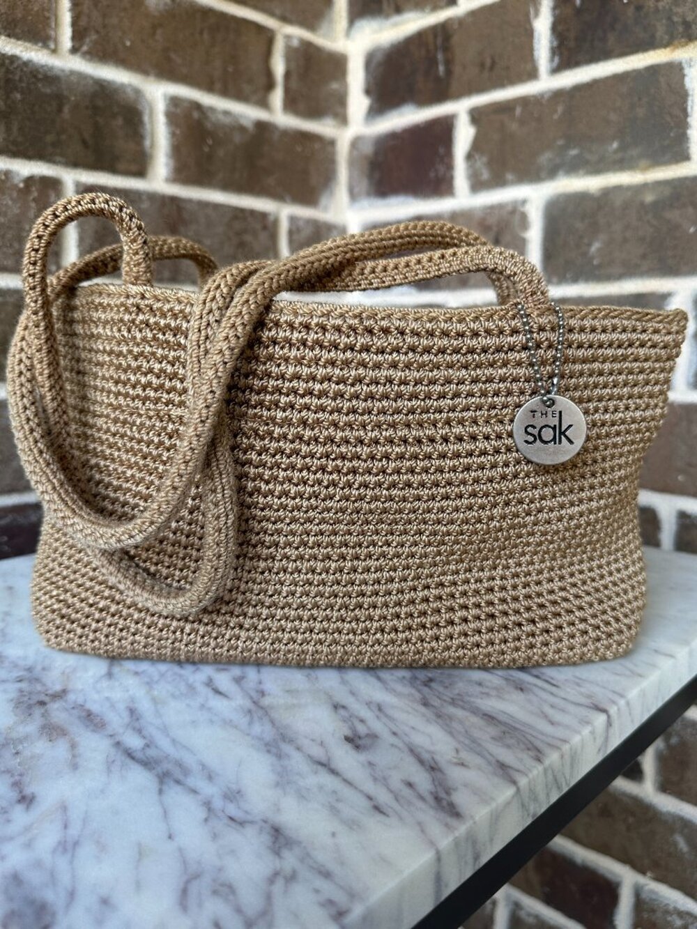 The Sak Crocheted Knit Woven Small Shoulder Handbag Bag Purse Golden Brown